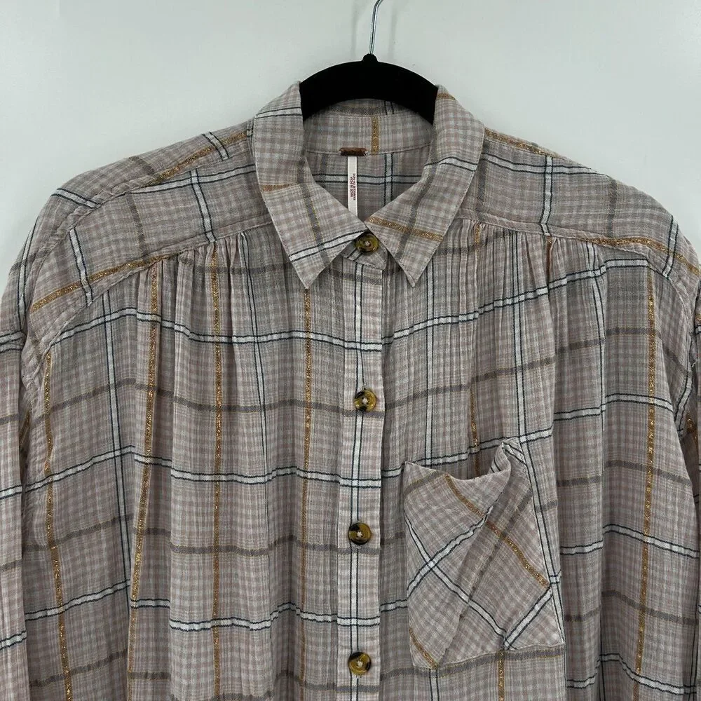 FREE PEOPLE Pink Rose Gold Metallic Plaid Oversized Gauzy Button Up Shirt XS